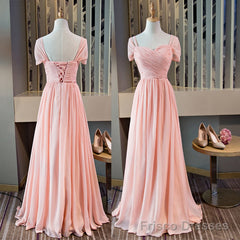 Pink Chiffon Cap Sleeves Long Bridesmaid Dress, Floor Length Pink Party Dress