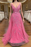Pink Corset Formal Prom Dresses Elegnat A Line Deep V Neck Party Evening Dresses with Appliques