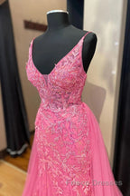 Pink Corset Formal Prom Dresses Elegnat A Line Deep V Neck Party Evening Dresses with Appliques