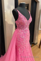 Pink Corset Formal Prom Dresses Elegnat A Line Deep V Neck Party Evening Dresses with Appliques