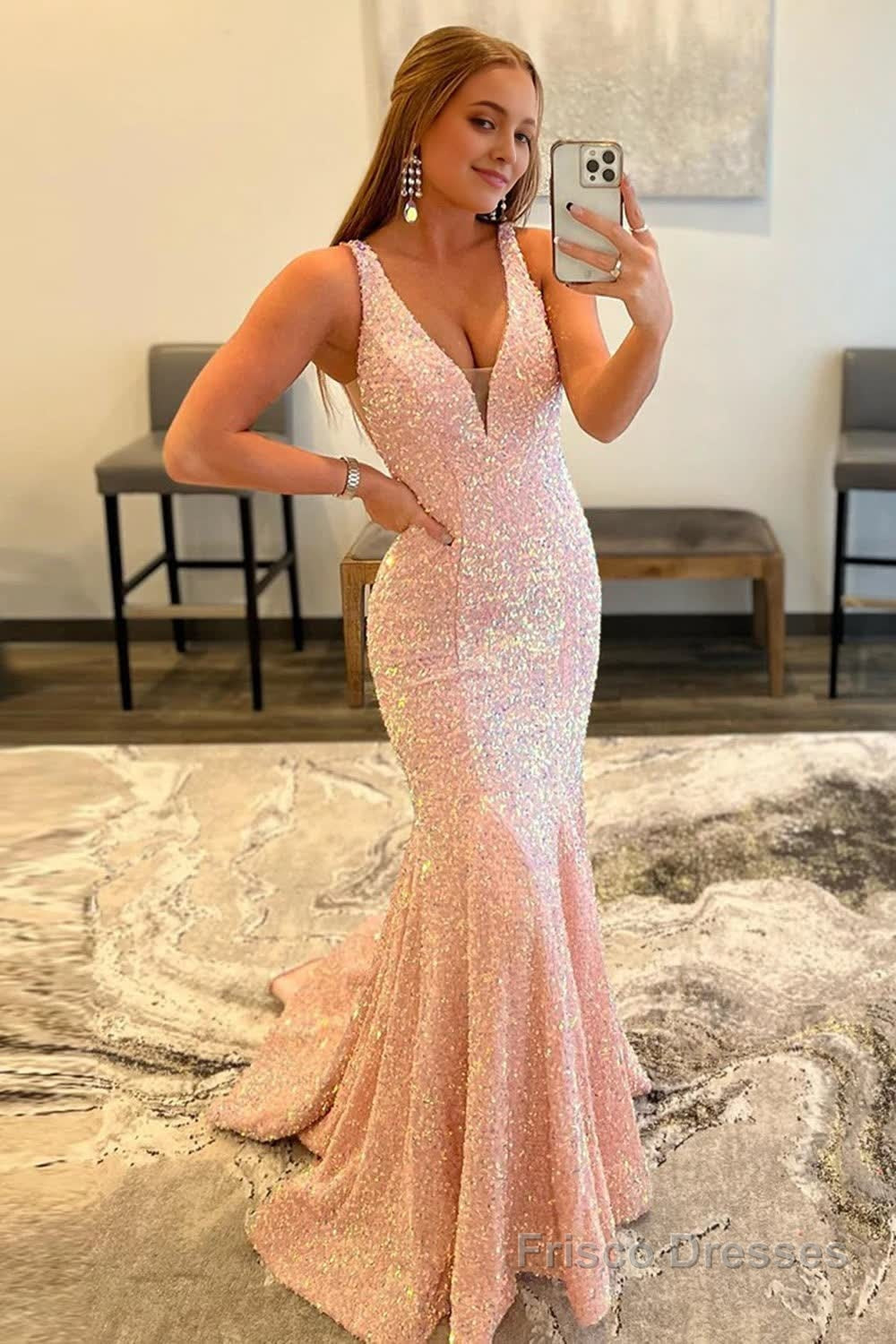 Pink Deep V Neck Mermaid Prom Dress Main image