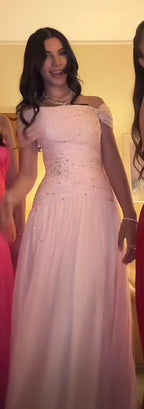 Pink Elegant A Line Off The Shoulder Beaded Chiffon Long Evening Dress Prom Dress