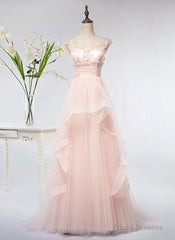 Pink Elegant Tulle A-Line Floor Length Wedding Party Dresses, Light Pink Gown