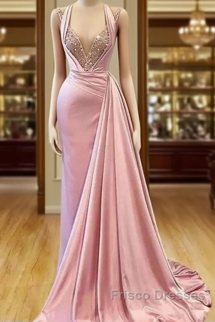 Pink Evening Dress A-Line V-Neck Floor Length Sequins Long Turkey Dubai Saudi Arabic Evening Gown Formal Prom Dress