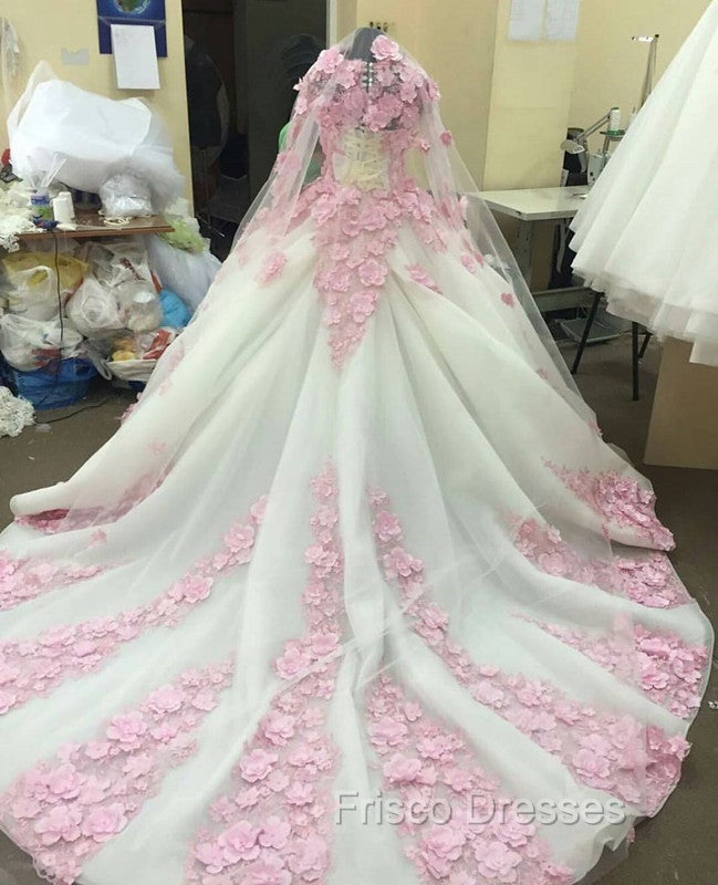 Pink Floral Flowers Long Sleeves Organza Wedding Dress Ball Gowns Secondary image