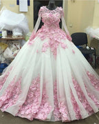 Pink Floral Flowers Long Sleeves Organza Wedding Dress Ball Gowns
