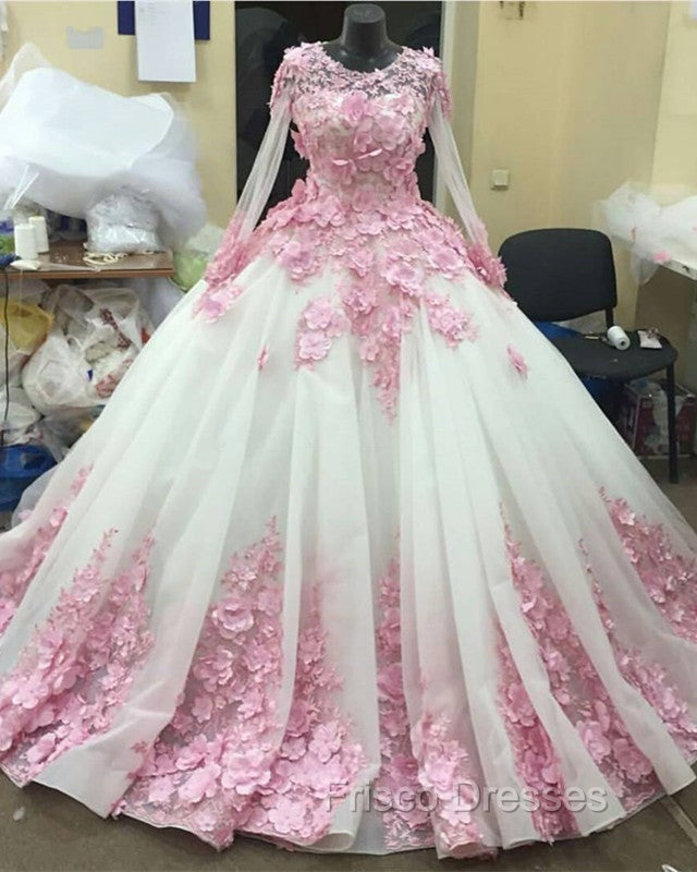 Pink Floral Flowers Long Sleeves Organza Wedding Dress Ball Gowns