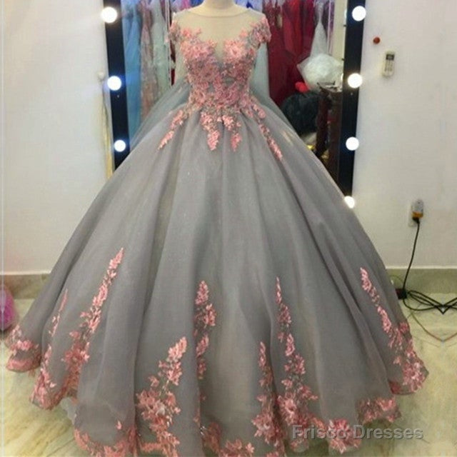 Pink Floral Lace Appliques Gray Tulle Ball Gowns Wedding Dresses Secondary image