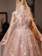 Pink Floral Lace Long Party Dress, A-Line Tulle Pink Formal Gown With Cape