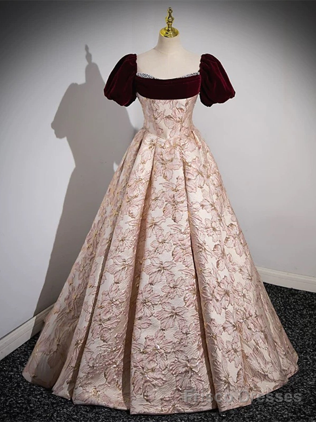 Pink Floral Off Shoulder Beaded Long Prom Dress, Pink Floor Length Party Dress Secondary image