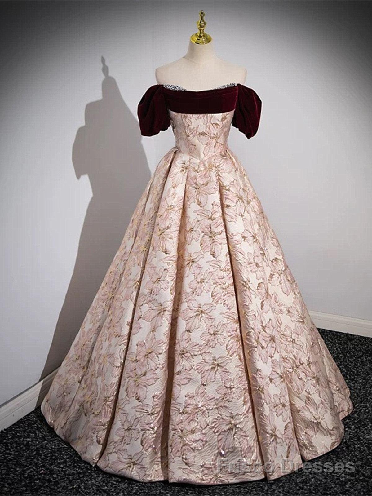Pink Floral Off Shoulder Beaded Long Prom Dress, Pink Floor Length Party Dress Main image