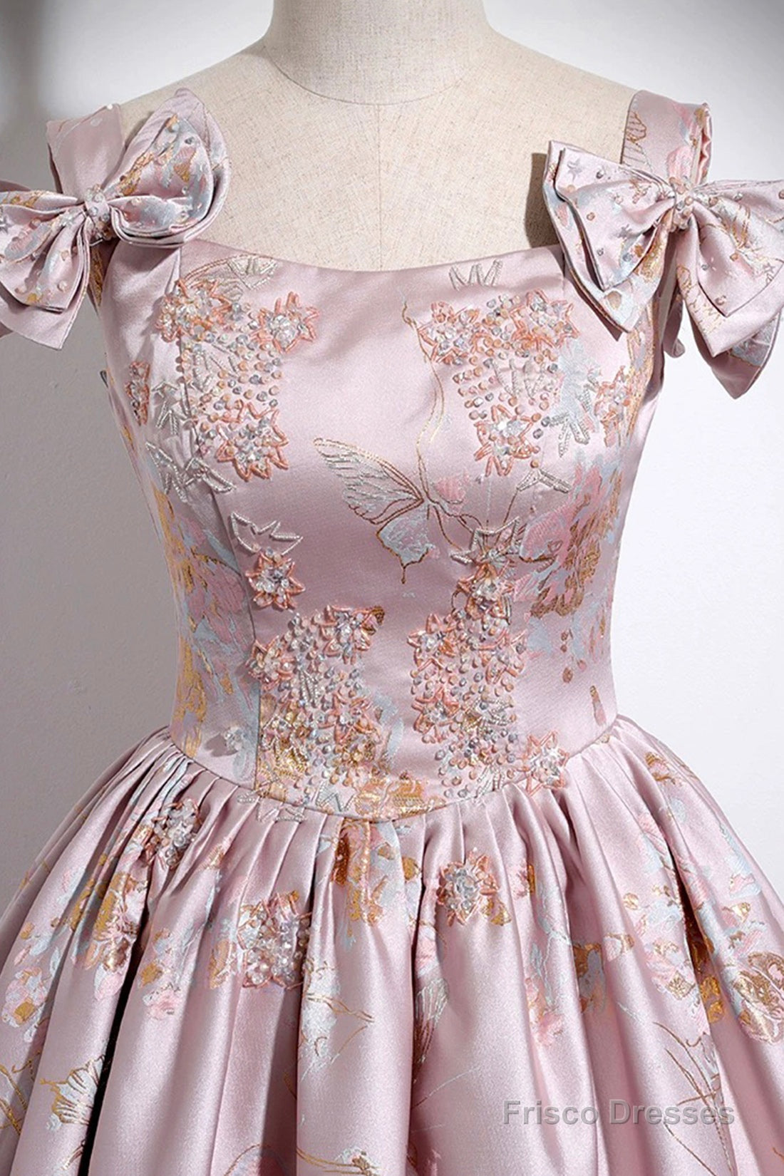 Pink Floral Satin Long Prom Dress, Beautiful A-Line Evening Dress With Bow