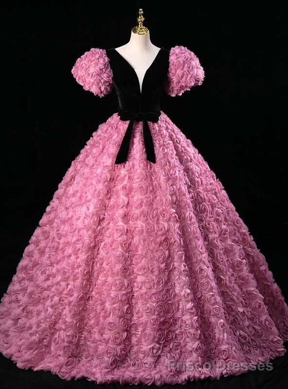 Pink Flower Puff Sleeve V-neck Quinceanera Dress Main image