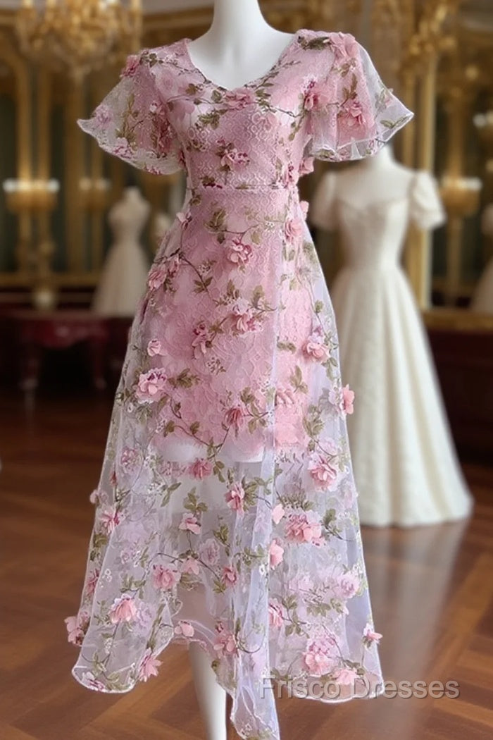 Pink Flowers Lace Short Sleeves Party Dress, Pink 3D Flowers Party Dress Main image