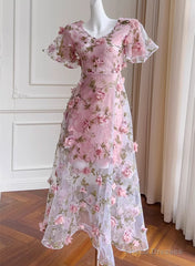 Pink Flowers Lace Short Sleeves Party Dress, Pink 3D Flowers Party Dress