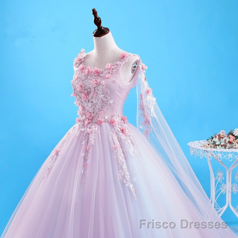 Pink Flowers Long Formal Dresses, Pink Sweet 16 Gown Party Dresses