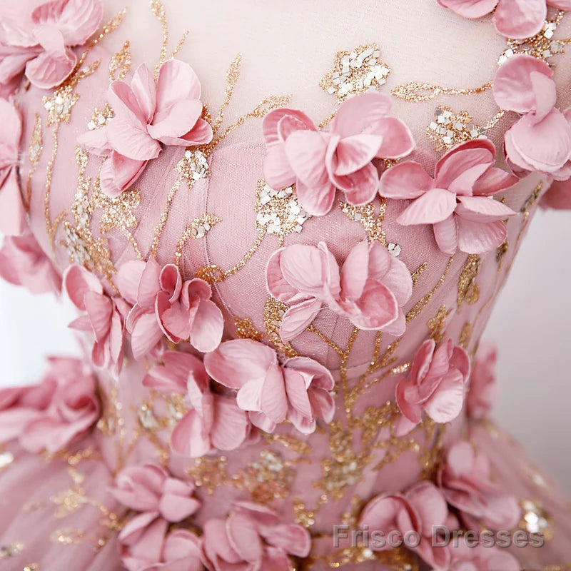 Pink Flowers Round Neckline Floor Length Sweet 16 Dress, Pink Long Formal Dress