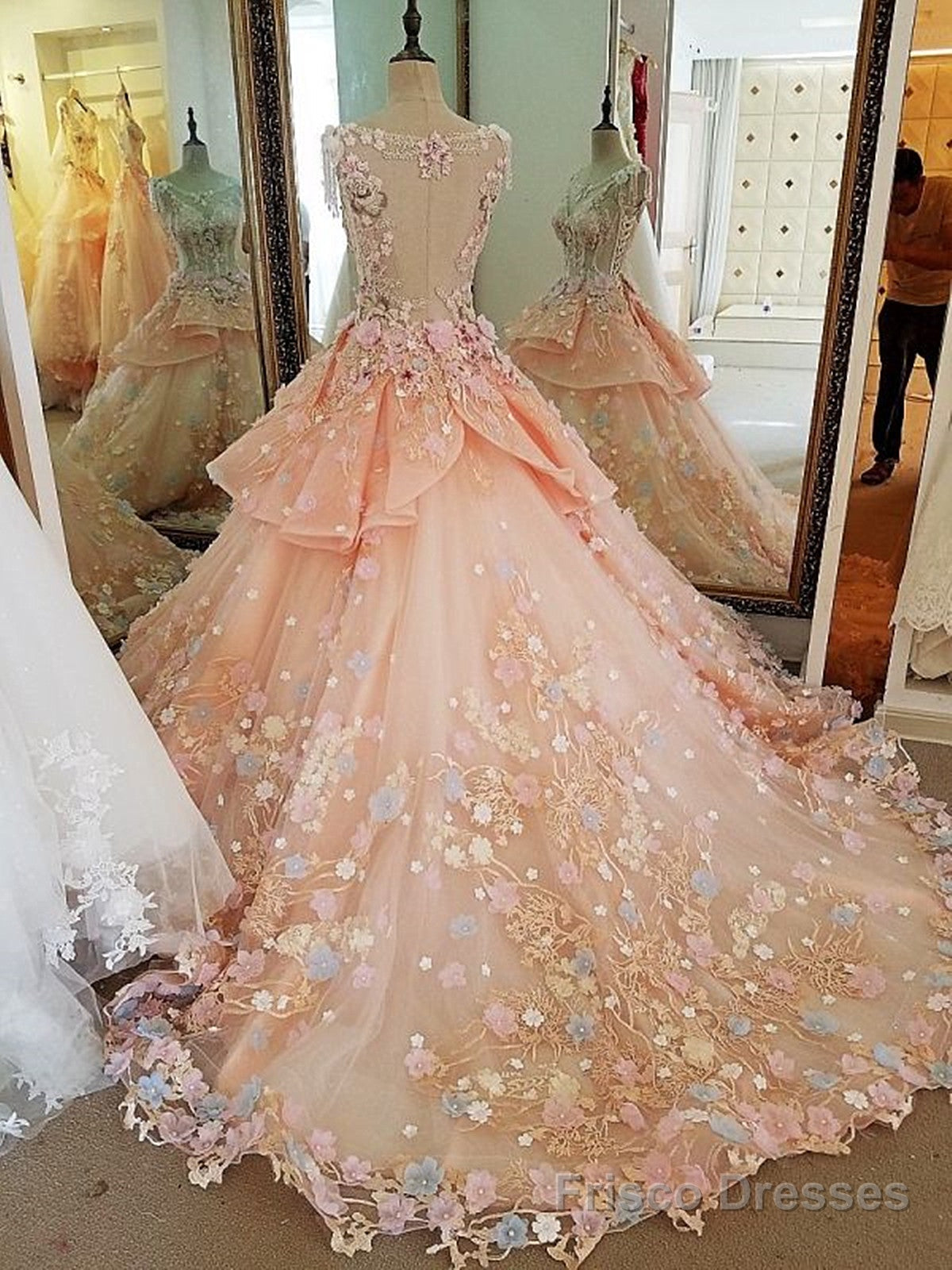 Pink Flowers Round Neckline Sweet 16 Dress, Pink Quinceanera Dress Secondary image