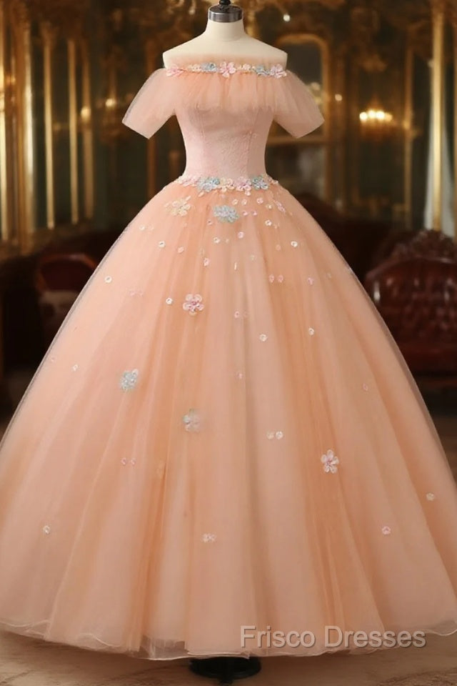 Pink Flowers Tulle Off Shoulder Party Dress, Pink Tulle Sweet 16 Dress Main image