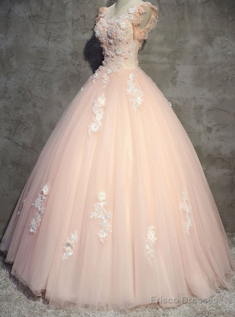 Pink Gorgeous Tulle And Lace Cap Sleeves Sweet 16 Dresses, Pink Formal Gown