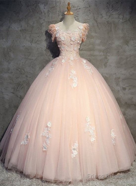 Pink Gorgeous Tulle And Lace Cap Sleeves Sweet 16 Dresses, Pink Formal Gown Main image