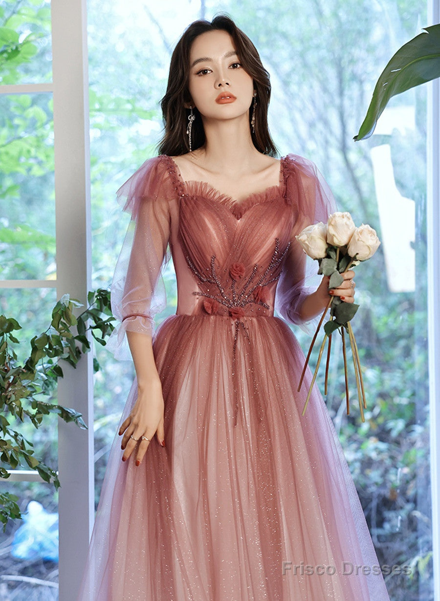 Pink Gradient Tulle A-Line Puffy Sleeves Party Dress, Pink Long Prom Dress Main image