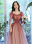 Pink Gradient Tulle A-Line Puffy Sleeves Party Dress, Pink Long Prom Dress
