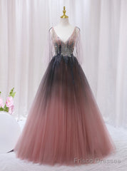Pink Gray Tulle V-neck Beading Prom Dress