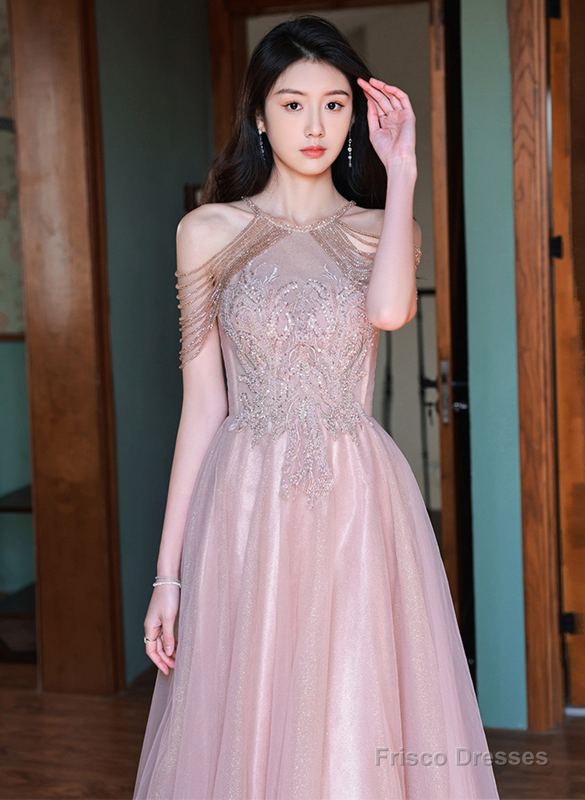 Pink Haler Tulle Beaded A-Line Prom Dress, Pink Tulle Evening Dress Party Dress Secondary image