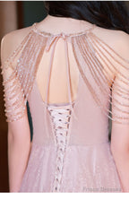 Pink Haler Tulle Beaded A-Line Prom Dress, Pink Tulle Evening Dress Party Dress