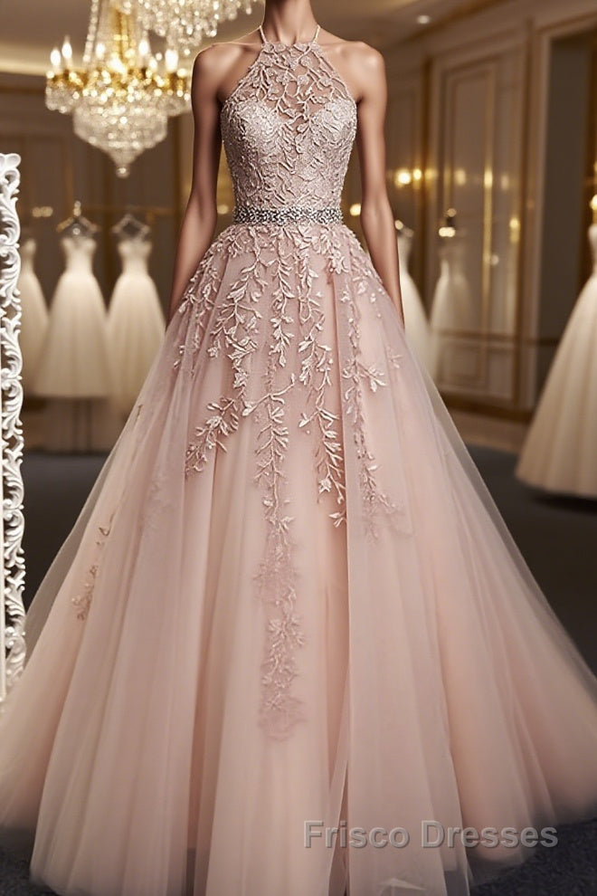 Pink Halter Neck Lace Formal Prom Dresses, Pink Halter Neck Long Lace Formal Evening Dresses