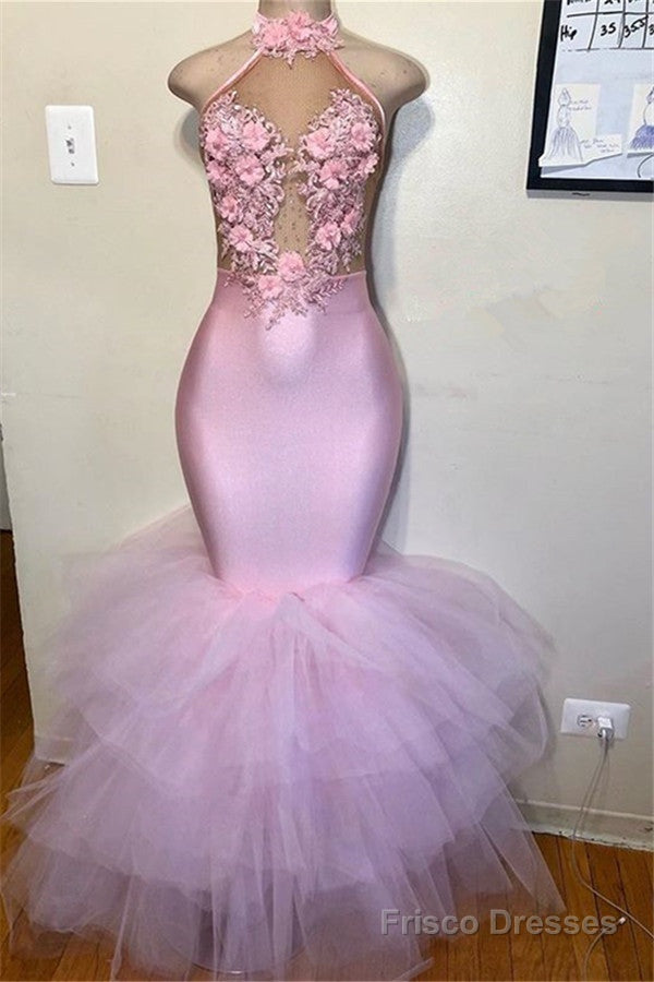 Pink Halter Sleeveless Flower Appliques Tulle Mermaid Prom Party Gowns Main image