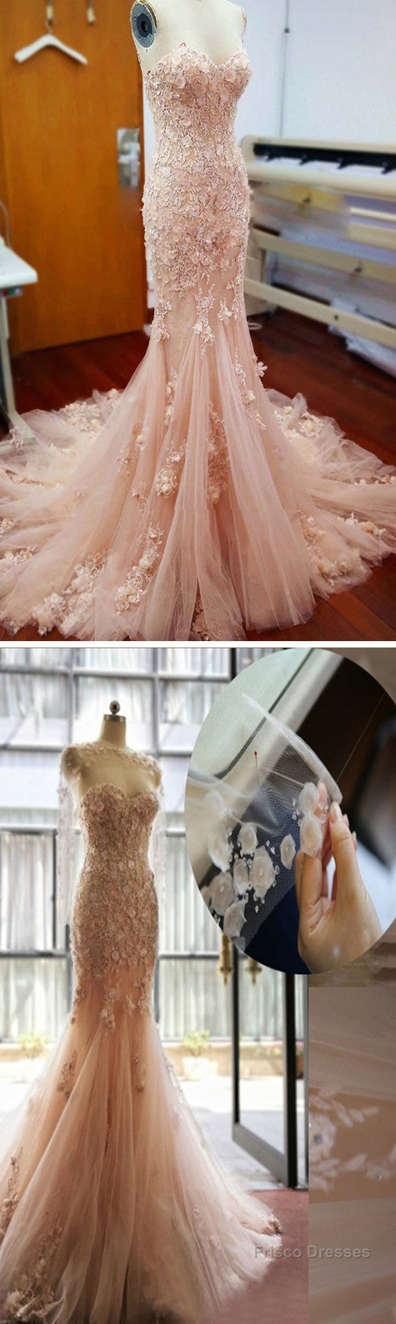Pink Handmade Flowers Lace Appliques Sweetheart Strapless Sexy Mermaid Long Wedding Dresses, Secondary image