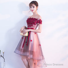 Pink High Low Tulle Party Dress With Flowers, Pink Homecoming Dresses