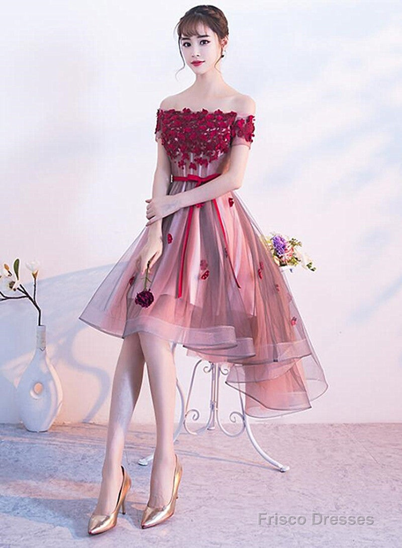 Pink High Low Tulle Party Dress With Flowers, Pink Homecoming Dresses Main image