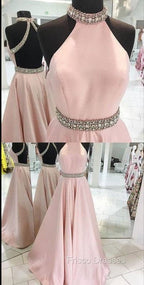 Pink High Neck Long Formal Prom Dress, Pink Backless Evening Dress