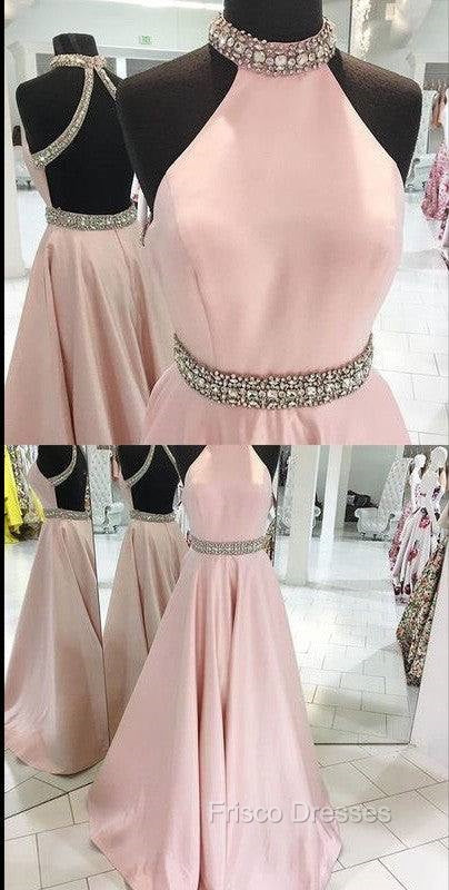 Pink High Neck Long Formal Prom Dress, Pink Backless Evening Dress