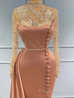 Pink High Neck Long Sleeves Sheer Beading Formal Prom Formal Dress