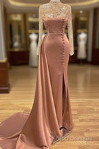 Pink High Neck Long Sleeves Sheer Beading Formal Prom Formal Dress
