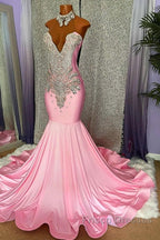 Pink High Neck Mermaid Beading Satin Formal Prom Dress