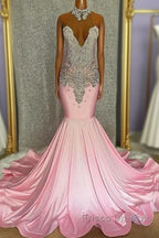 Pink High Neck Mermaid Beading Satin Formal Prom Dress