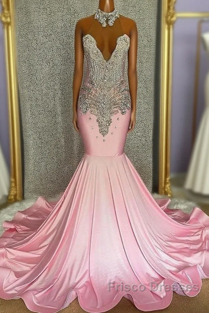 Pink High Neck Mermaid Beading Satin Formal Prom Dress