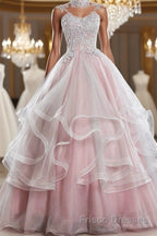 Pink high neck tulle lace long Formal Prom Dresses, pink sweet 16 Dresses