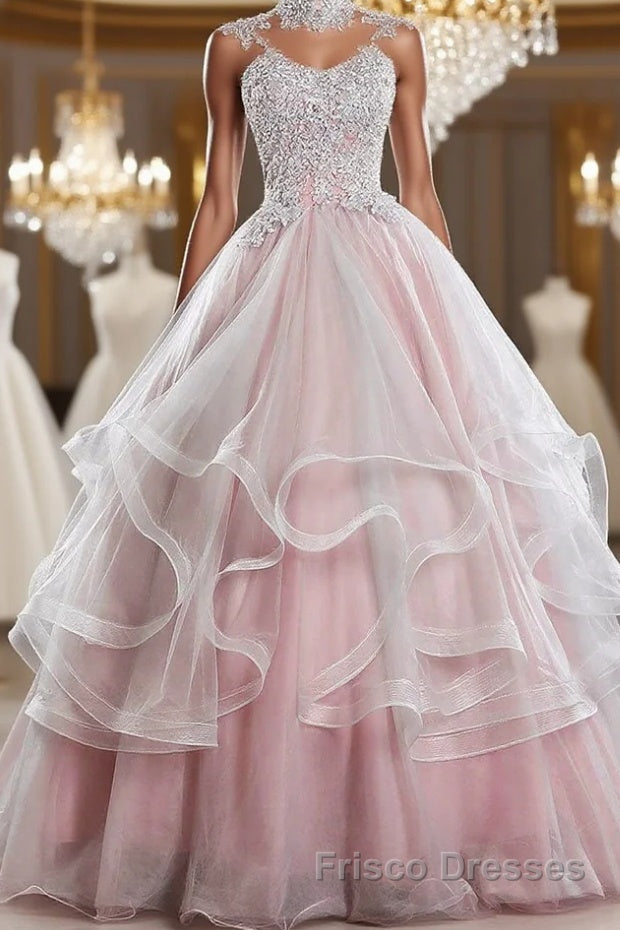 Pink high neck tulle lace long Formal Prom Dresses, pink sweet 16 Dresses