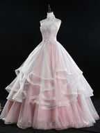 Pink high neck tulle lace long Formal Prom Dresses, pink sweet 16 Dresses