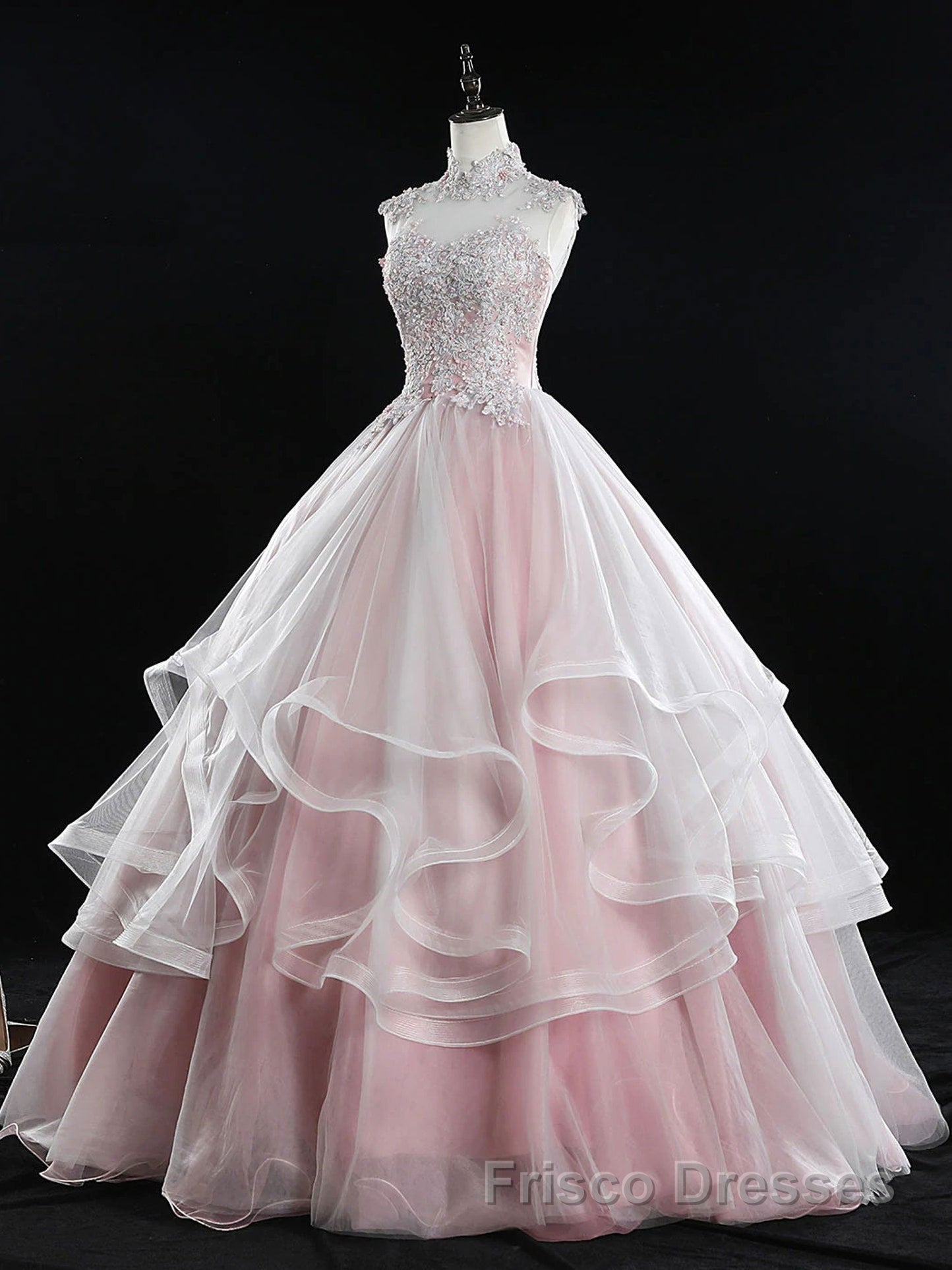 Pink high neck tulle lace long Formal Prom Dresses, pink sweet 16 Dresses