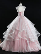 Pink high neck tulle lace long Formal Prom Dresses, pink sweet 16 Dresses