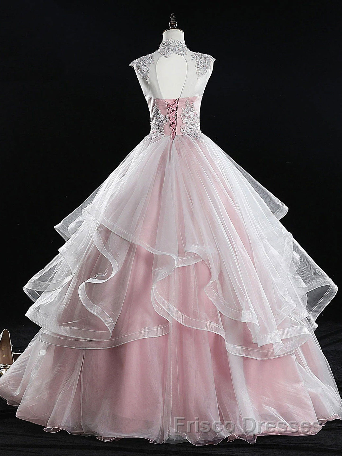 Pink high neck tulle lace long Formal Prom Dresses, pink sweet 16 Dresses