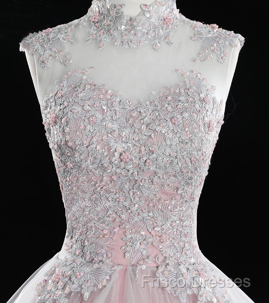 Pink High Neck Tulle Lace Long Formal Prom Dress, Pink Sweet 16 Gown Secondary image