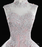 Pink High Neck Tulle Lace Long Formal Prom Dress, Pink Sweet 16 Gown